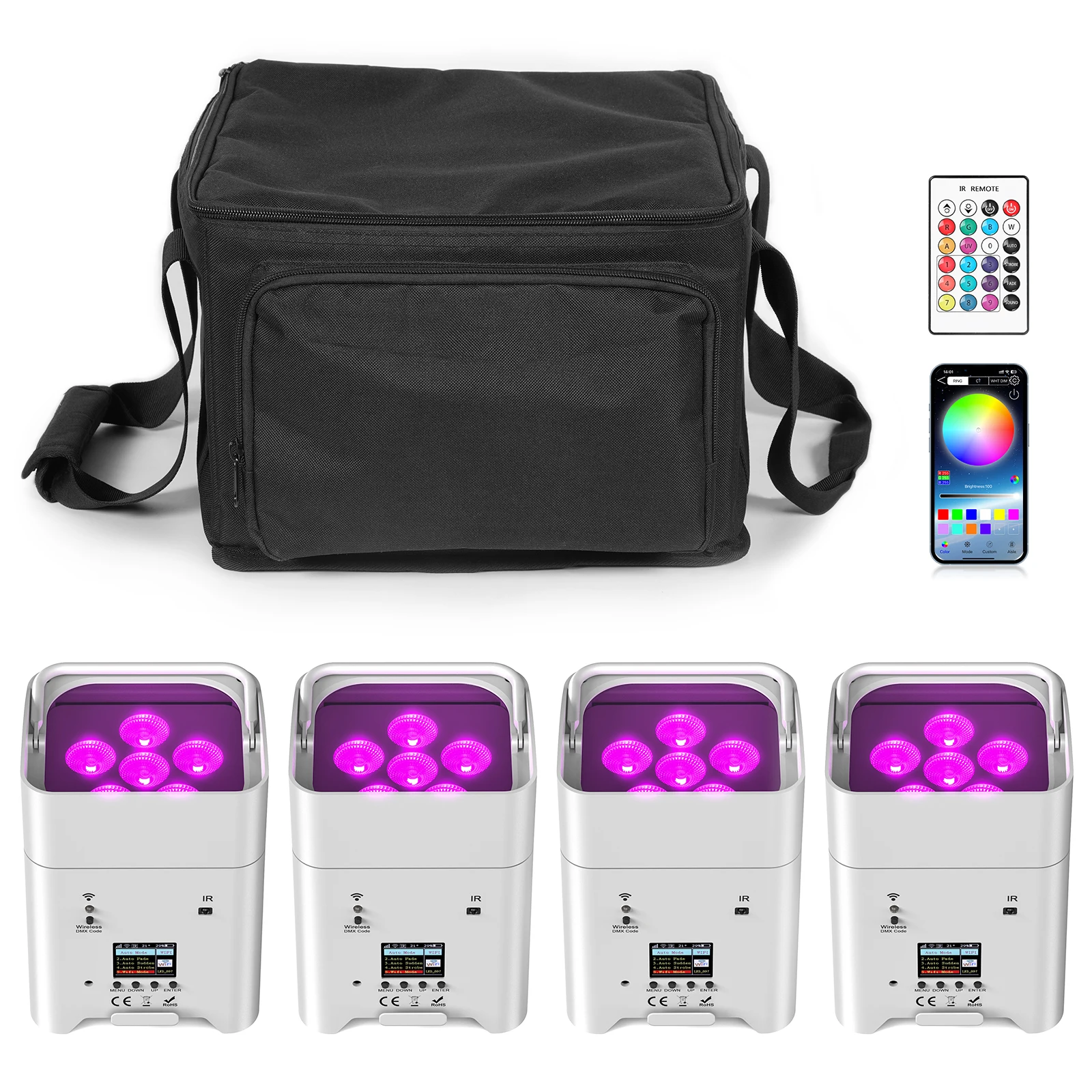 

U'King 4PCS RGBWA+UV LED Par Light with Bag 6x18W DMX Stage Light Rechargeable Built-in Battery Wireless Par Light Dyeing Light