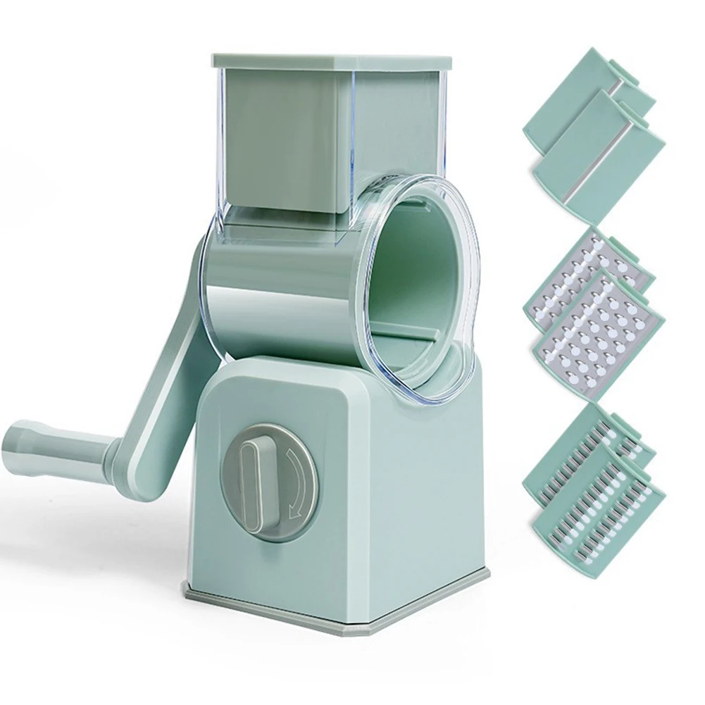 

6 in 1 Cheese Grater with Rotary Mechanism Interchangeable Stainless Steel Blades and Non Slip Base for Kitchen Use
