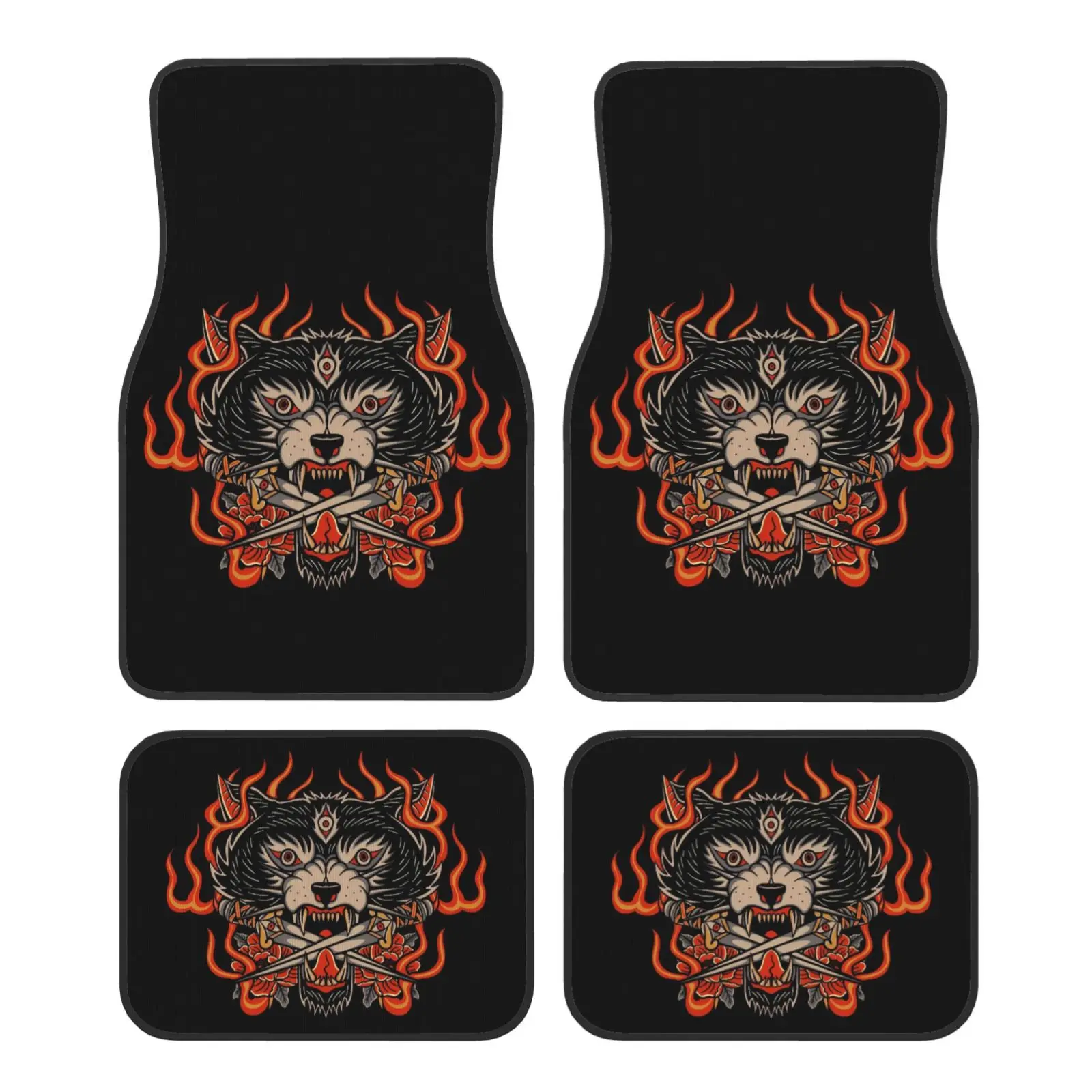 

Автомобильный коврик с японским волком и кинжанами, набор из 4 предметов, подходит для всех автомобильных ковриков, аксессуары, хрустальные бархатные коврики
