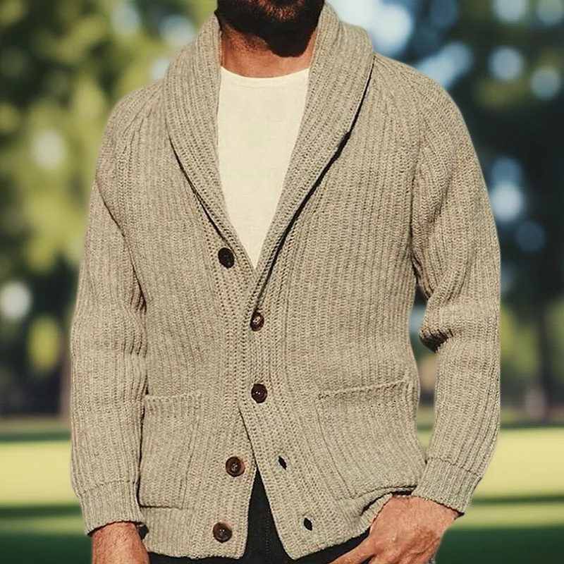 Męski sweter rozpinany z dzianiny w stylu vintage, modny, casualowy, z długim rękawem, kołnierzykiem i zapinany na guziki, jednolity kolor, kolekcja 2025.