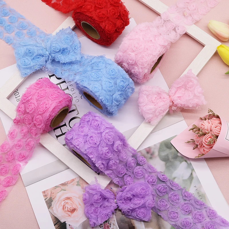 6cm*5yards 14colors 3D Rose Flower Chiffon Lace Tulle Ribbon Roll DIY Hand Sewn Wedding Headdress Bow Clothing Decor Accessories