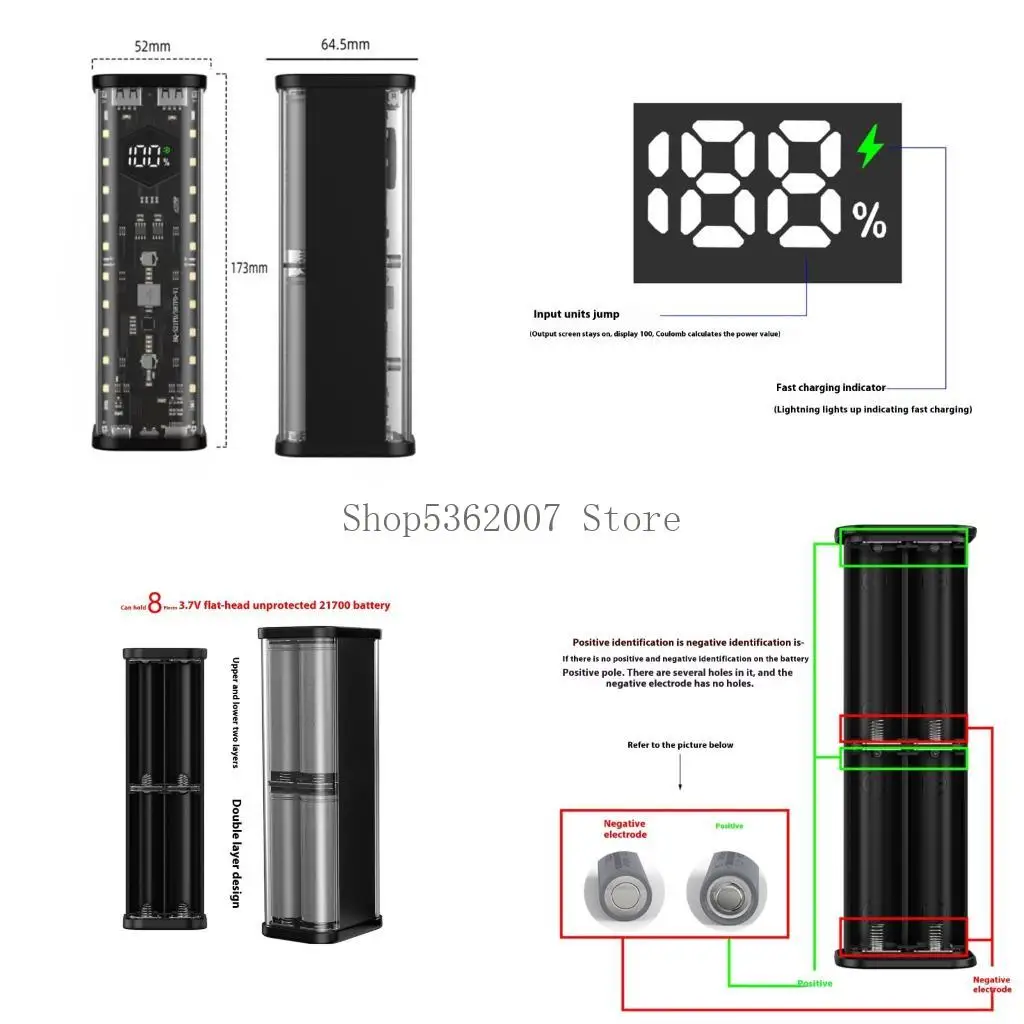 21700 Battery Storage Case 8 Slots Transparent Design USB C Fast Charging 40JB