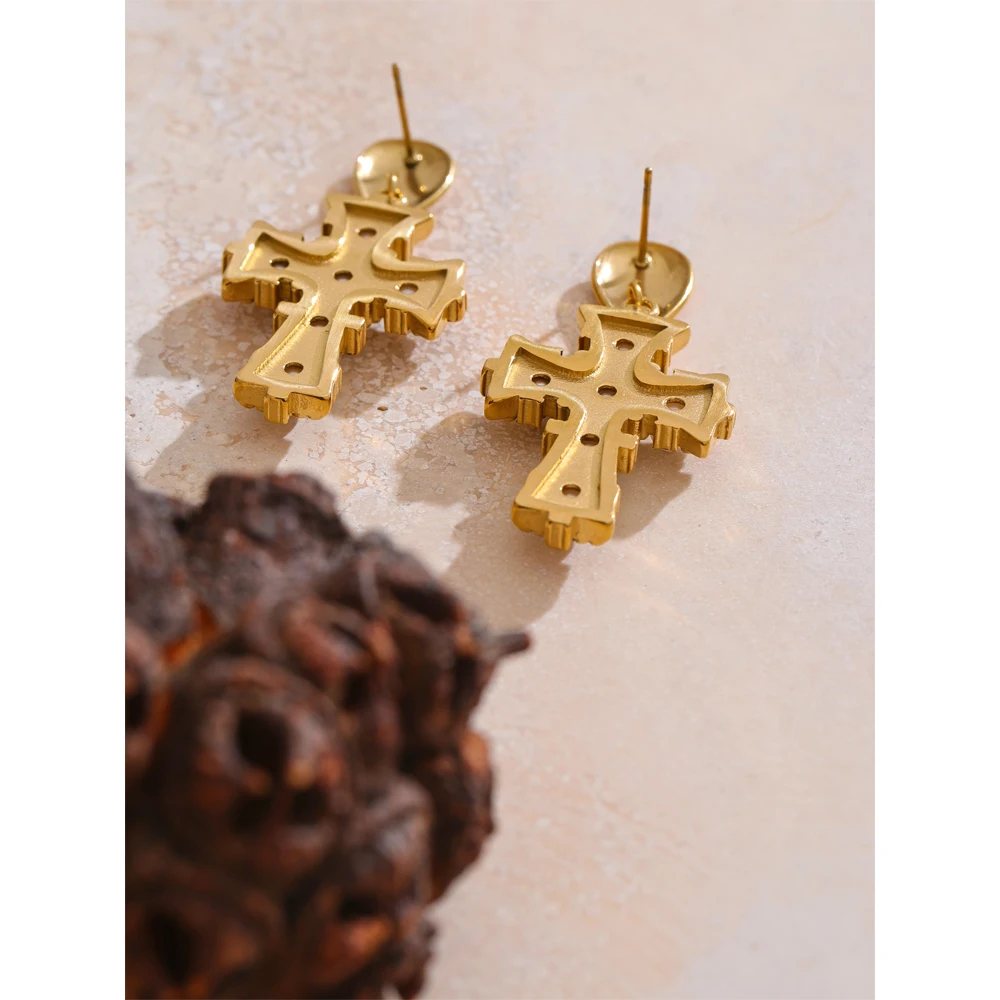 Yhpup Vintage Imitation Pearls Zirconia Cross Drop Earrings 18K Gold Color Stainless Steel Popular Jewelry 2025