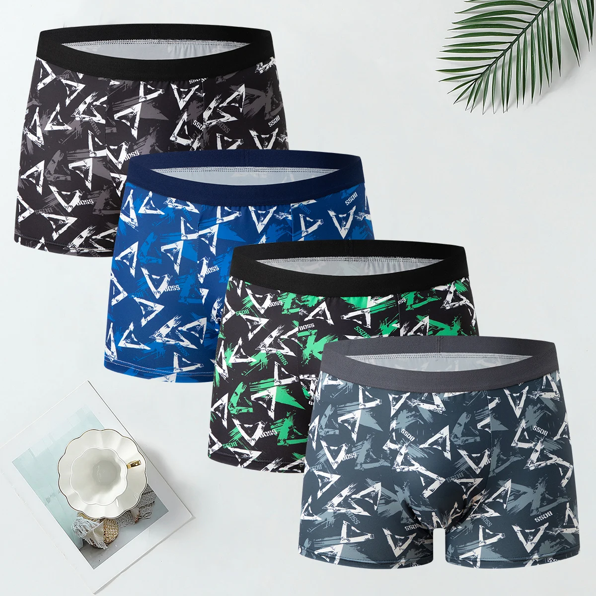 4-teiliges Set bedruckter Unterwäsche für Männer und Jugendliche, bequeme flache Boxershorts mit elastischem Bund, mehrfarbige Freizeitshorts – Detail 2