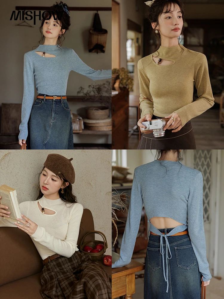 MISHOW Half High Neck Water Droplet Shaped Hollow Sweater Base Sweater Women Autumn 2024 French Backless Lace Up Top MXD42Z0732