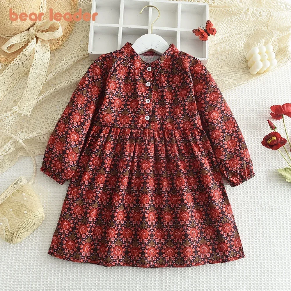 Bear Leader Kids Clothing Girl's Flower Dresses Spring  Long Sleeves Floral Print Dress Children's Casual Vestidos Outfits