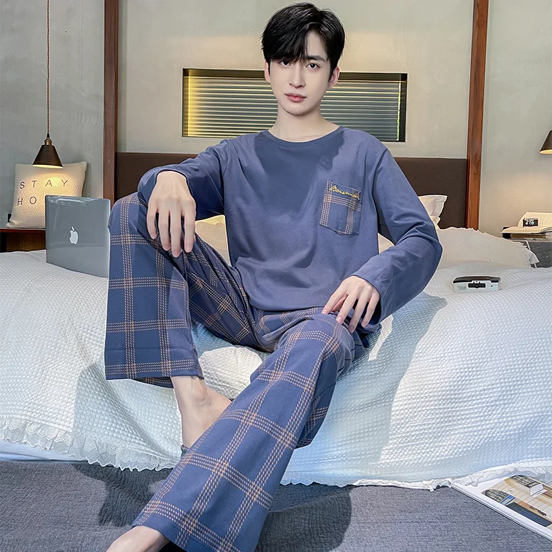 

Cotton Sleepwear Pajamas for Men Autumn Spring Loungewear Plaid Printing Leisure Sleepwear Long Sleeves Pijamas Soft pyjama set