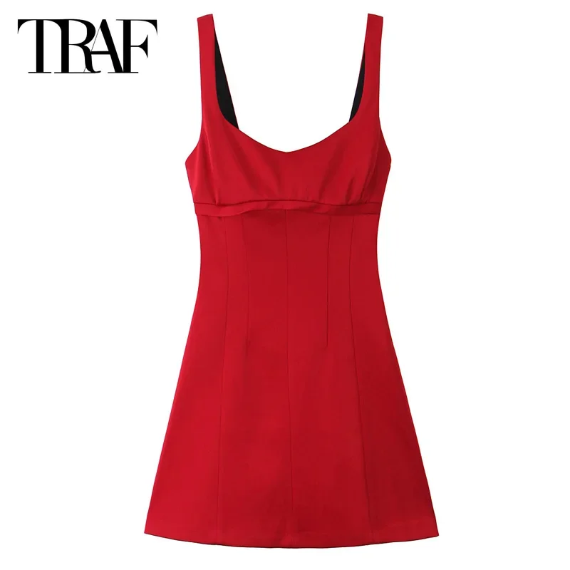 TRAF Women Mini Cut-Out Backless Vestidos 2024 Woman Satin Short Dresses Red Sleeveless Slip Dress  Elegant Casual Women's Dress