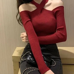 ITOOLIN Women Cross Neck Halter Sweater Autumn Off Shoulder Jumpers Knit Long Sleeve Warm Pullovers Winter Women Casual Sweater