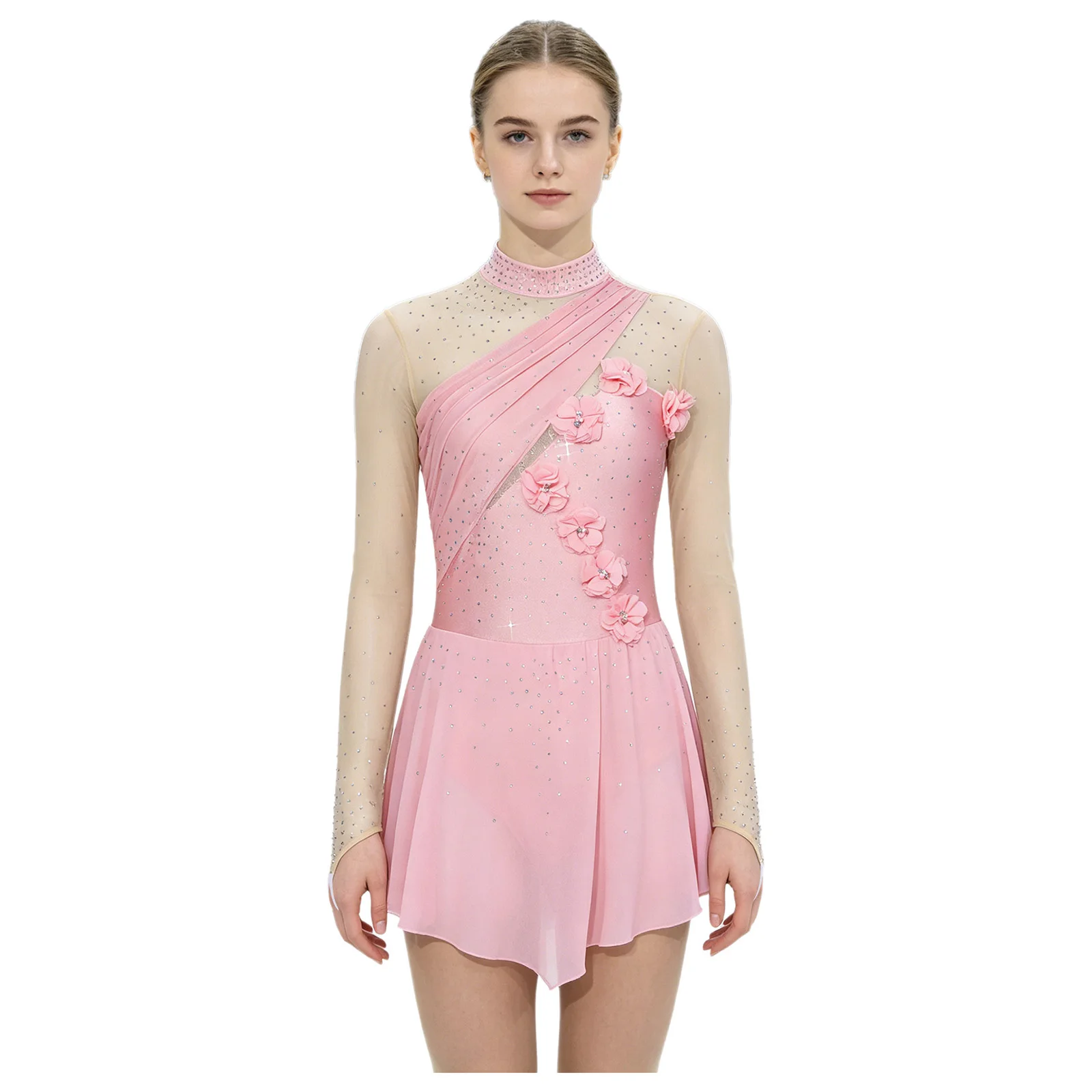 

Женский костюм для фигурного катания и художественной гимнастики с аппликацией, стразами, сетчатыми вставками, длинными рукавами, шифоновое платье для лирического балета, танцевальное платье-леотард