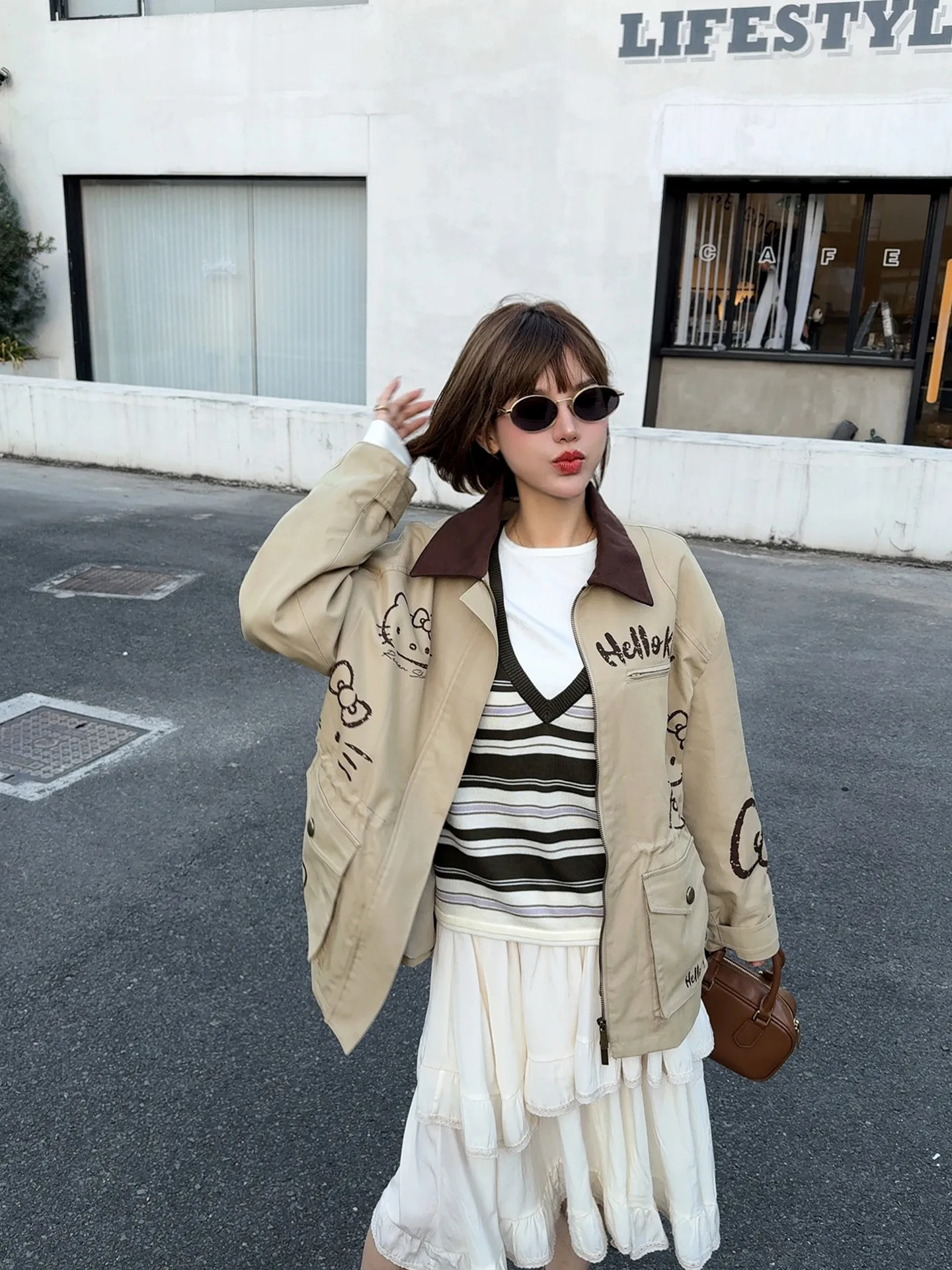 

Ветровка ASBR fiti Sle Jaet 25 Autumn Workwear, серия Miu, пальто, сумка, хлопок, удлиненный рукав, средней длины