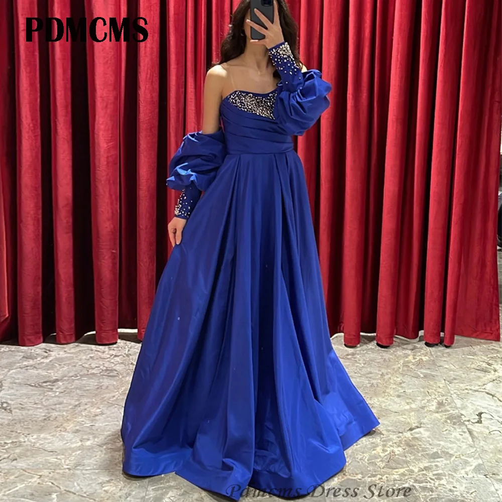 

PDMCMS Royal Blue Satin A Line Sweetheart Evening Dresses Beaded Arabic Party Dress Detachable Sleeves Slit Prom Gowns For Women