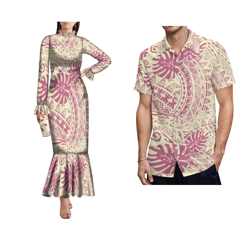 

Polynesian Couple Clothing Women'S Long Sleeve Dress Slim Fishtail Skirt Men'S Casual Shirt Custom Tribal Ethnic Patterns