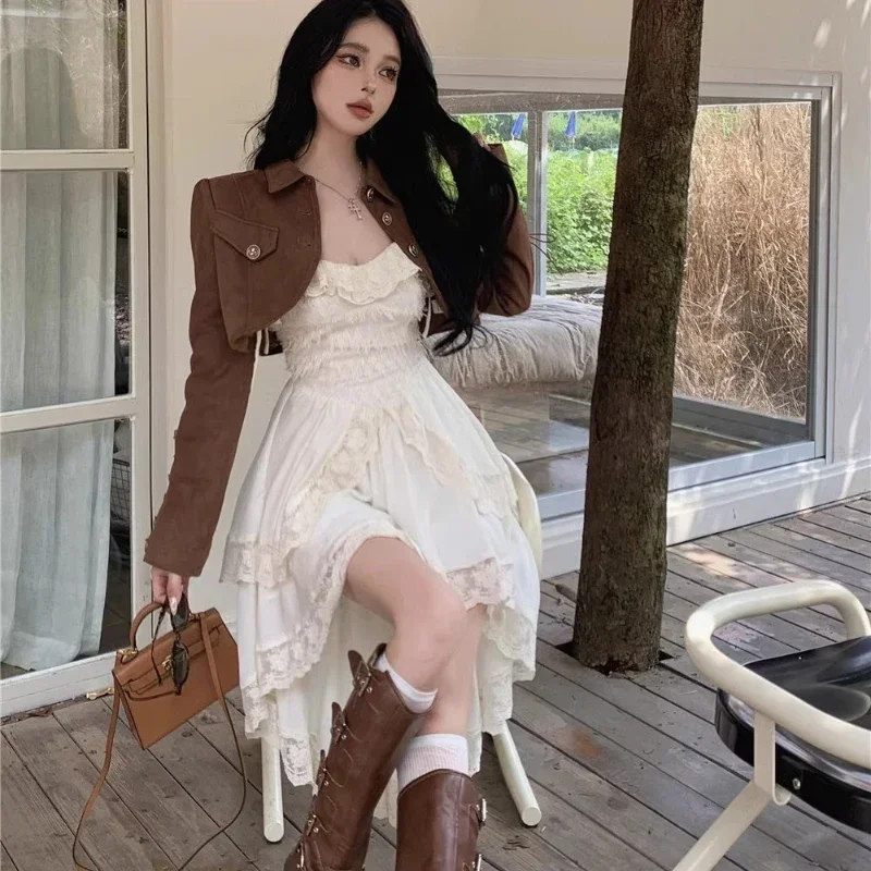 

Pop Sleeveless White Dress Women Lining Off Shoulder Lace Patchwork Elegant Irregular Design Ruffles Bandage