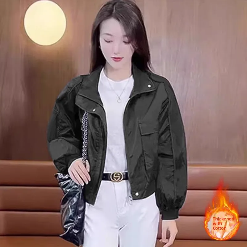 Thickened Cotton Jacket Women's Autumn Winter Short Casual Style Fashionable Outerwear Straight Cut Single Piece Zipper Closure