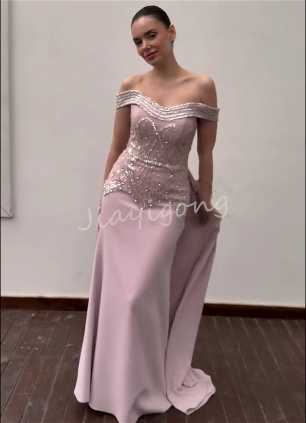 Customized Sparkle Jersey Pleat Sequined Pattern Trumpet Off-the-shoulder Long Bespoke Occasion Evening Dresses Exquisite