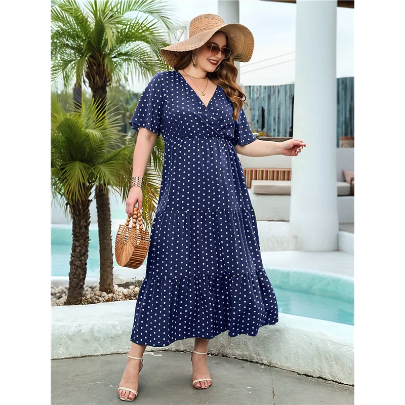 ABP-Damen Casual Plus Size Polka Dots Kleid Sommer Kurzarm V-Ausschnitt Lose abgestufte Maxikleider