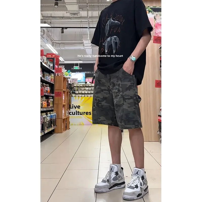 

Винтажные камуфляжные мужские шорты в американском ретро-стиле, рабочие брюки для лесорубов, деконструированные, стильные, прямого кроя, длиной до колена