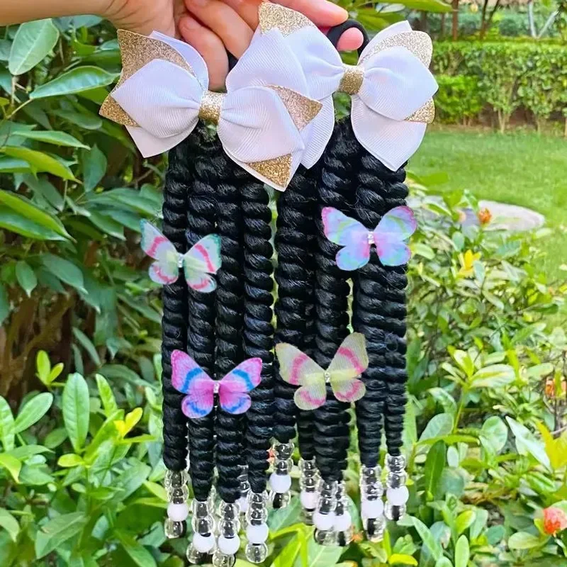 2 แพ็คผมเด็ก Twist หางม้าสังเคราะห์เลเซอร์ Glitter SHINY Bling Little Girls Braided Ponytails กับลูกปัดผีเสื้อ