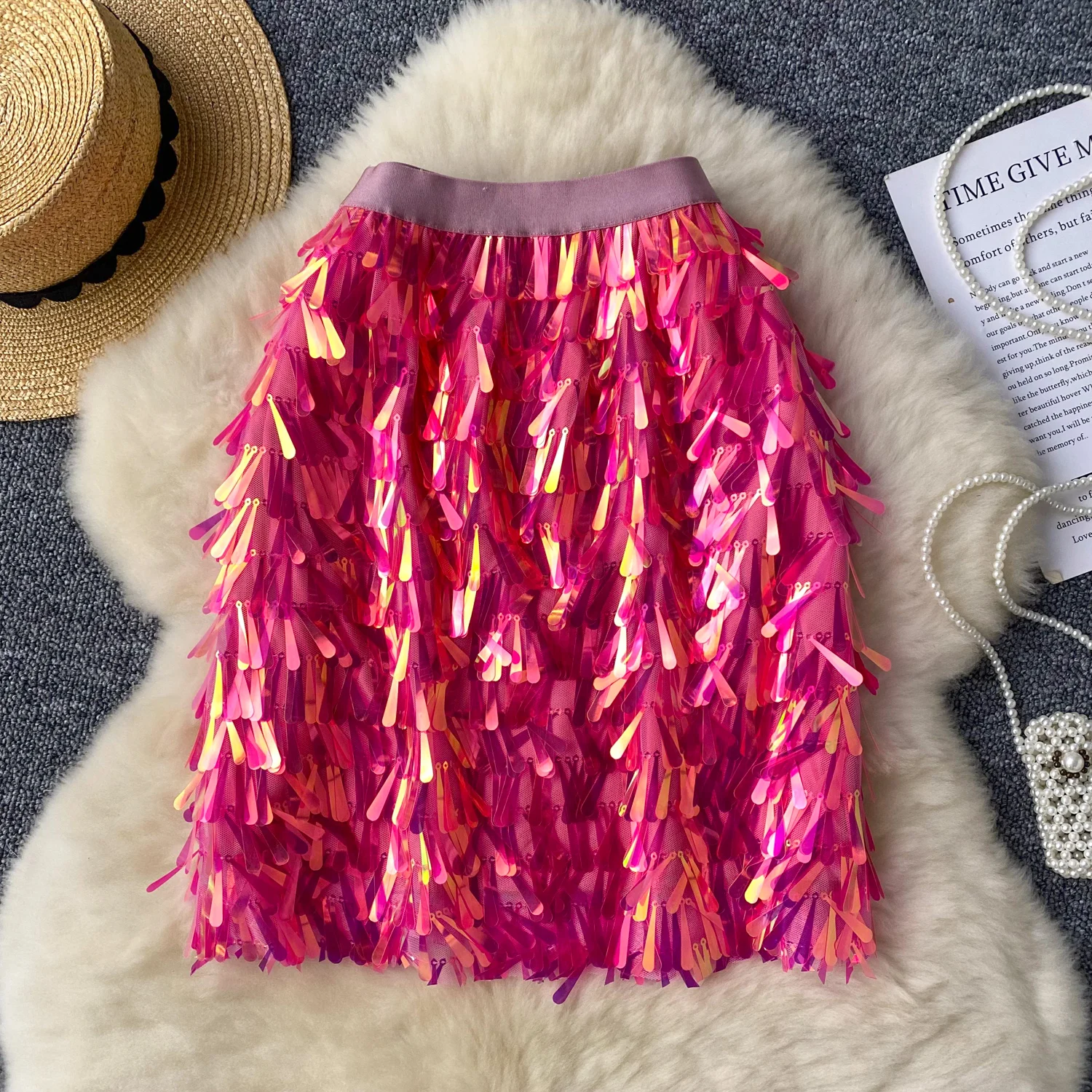 Summer New Spicy Girl Sexy Skirt Versatile Colorful Sequin Sparkling Half Skirt Tassel Short Skirt Dress