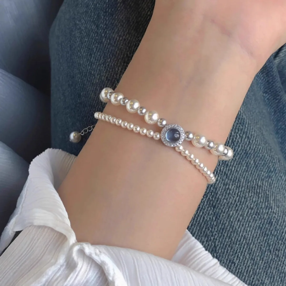 S925 Sterling Silver Pearl Bracelet Double Layered Bracelet image 2