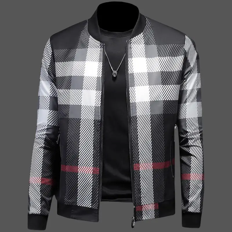 2024 men\'s trendy brand plaid printing long-sleeved jacket spring and autumn casual fashion slim-fit stand-up collar top jacket