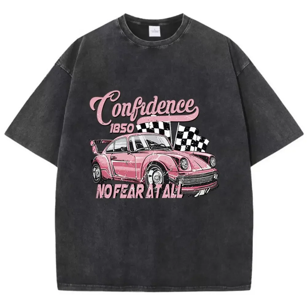

Street Woman Cotton Washed T-Shirts Cool Racing Cars No Fear At All Printing Tee Shirts O-Neck Loose Distressed Female Clothes