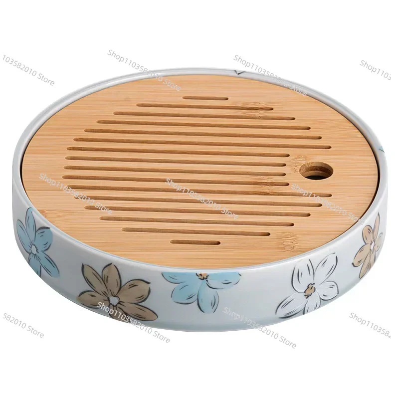 Underglaze Cherry Blossom Ceramic Tea Tray, Bamboo Ice Gray Manhua Kung Fu Tea Set Service Tray