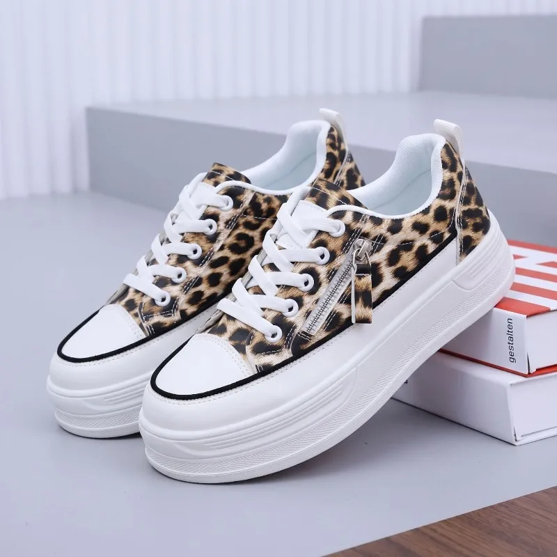 Women's Shoes Fashion Muffin Thick Sole Casual Shoe Lace Up Platform Vulcanize Shoe Leopard Print Design Shoes Skateboard Shoes