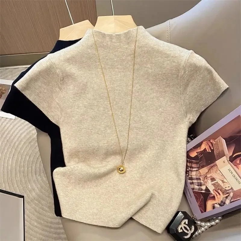 

2026 New Basic Versatile High Collar Solid Color Thin Hoodie Women's Short Sleeve Slim Knitted Sweater
