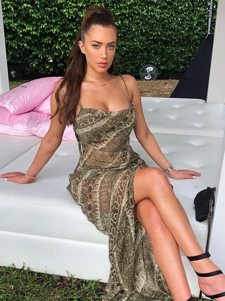 Snake print chiffon sexy women long party slip maxi sheer dress strap backless fessura elegante 2024 vestiti autunnali