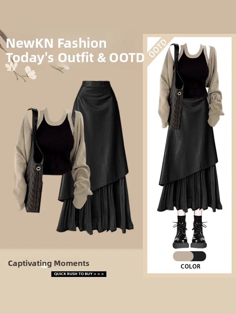 Chaleco informal holgado, falda de empalme delgada de cintura alta, conjunto de piezas de camiseta, novedad de primavera, cubierta de talla grande con sentido del diseño