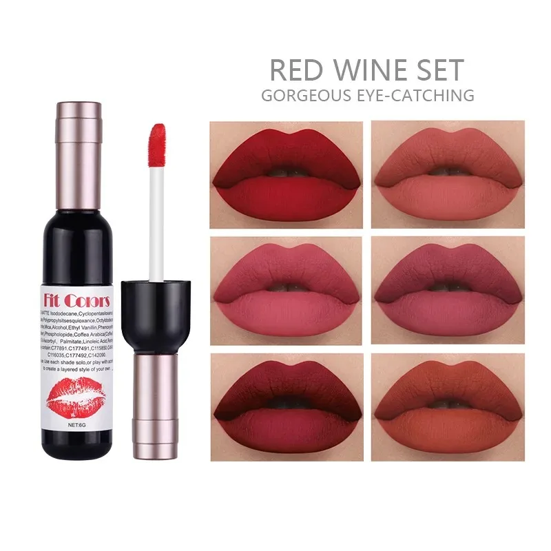 New Red Wine Bottle Lip Tint Cosmetics Non-stick Cup Lip Glaze Velvet Matte Lipstick Lips Makeup Waterproof Lip Gloss Red Lips