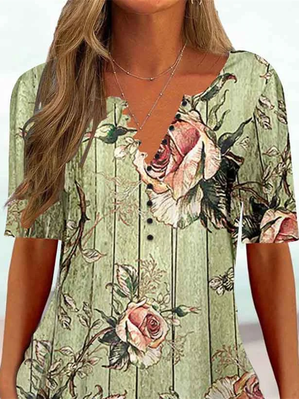 Plus Size Dames Halve Mouw V-Hals Met Bloemenprint Tops