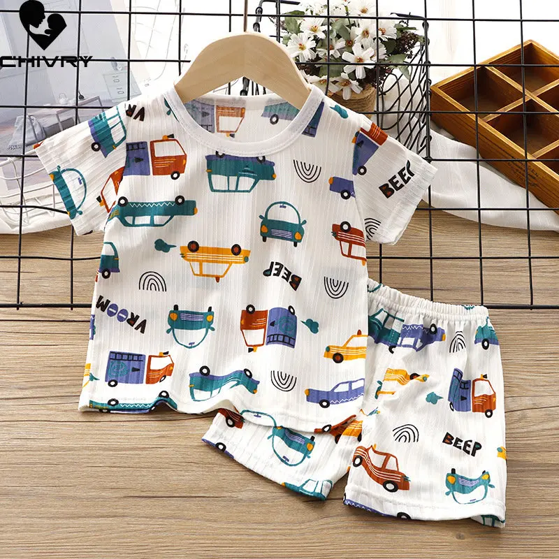 Kids Boys Girls Pajamas New 2023 Summer Thin Ice Silk Cartoon Short Sleeve O-Neck Tops with Shorts Baby Sleeping Clothing Sets