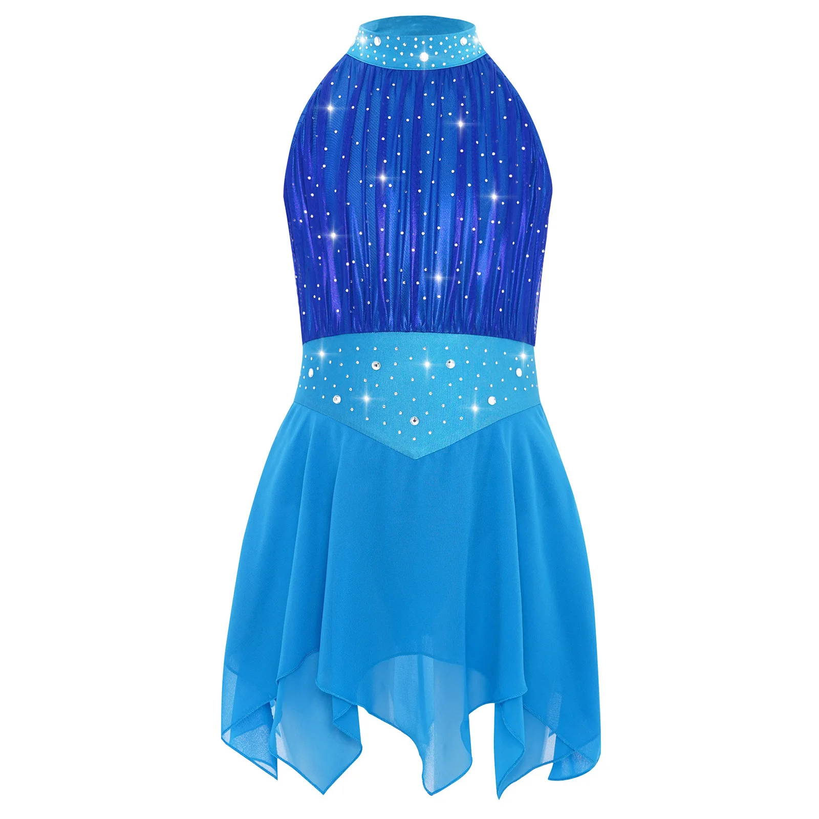 

Kids Girls Contemporary Lyrical Dance Dress Chiffon Sleeveless Shiny Rhinestones Mesh Irregular Dress Ballet Dance Leotard Dress