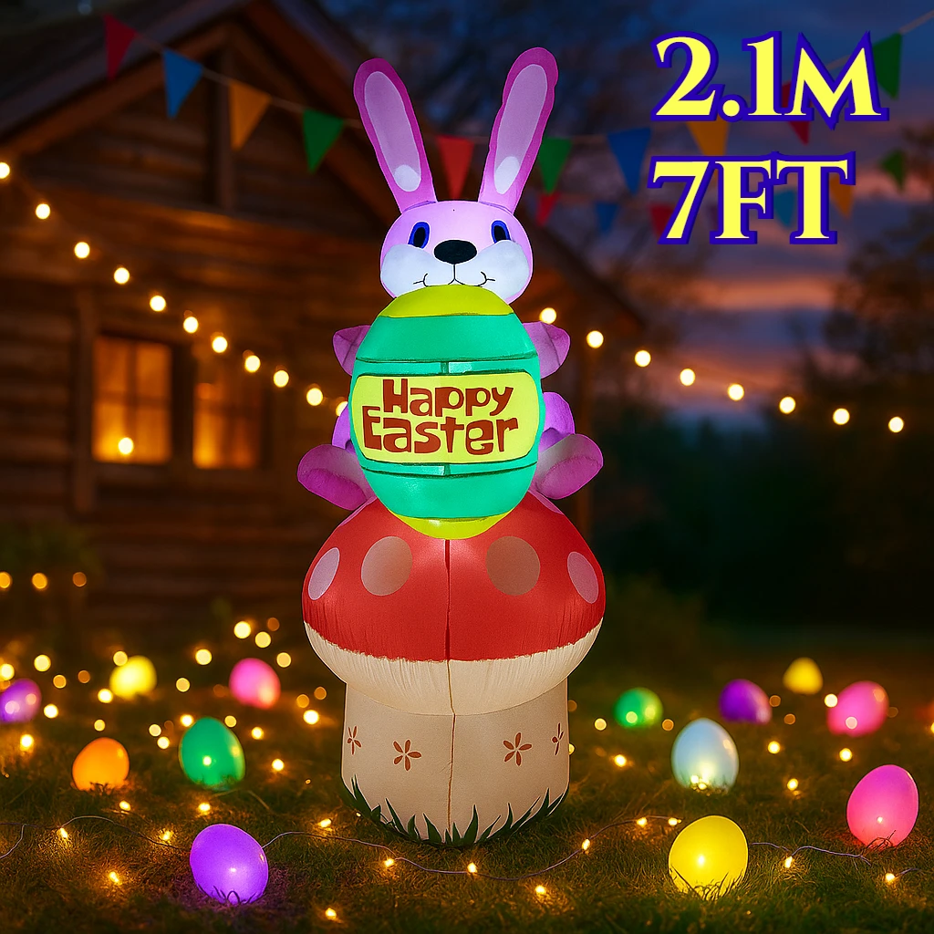 2.1m/7FT Easter Party Decorations Rabbit Sit on Mushroom Inflatable Built in LED Lights Indoor Outdoor Courtyard Props Ornament