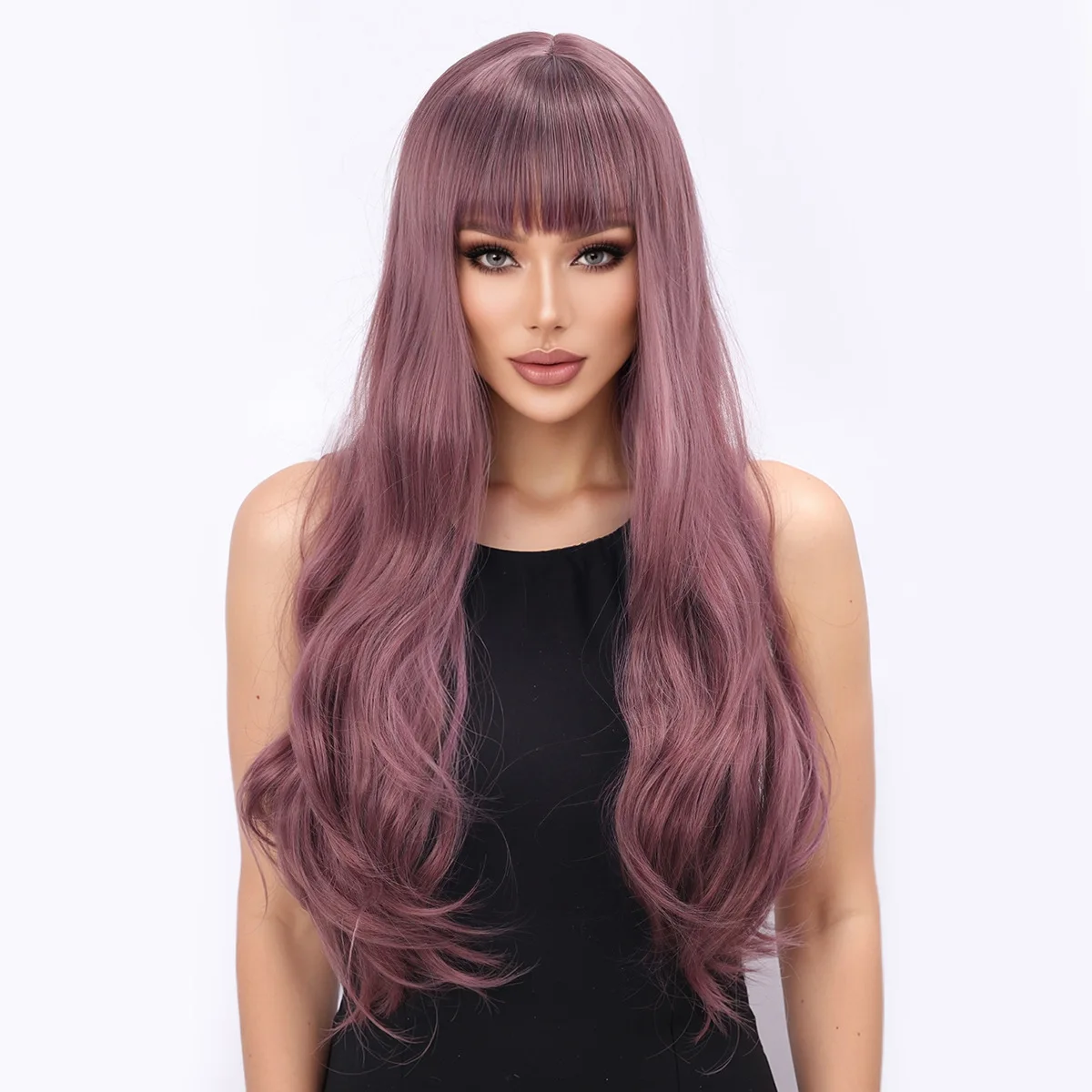 Cross border European and American wig purple red bangs big waves long curly hair full head cover-Synthetic fiber wig