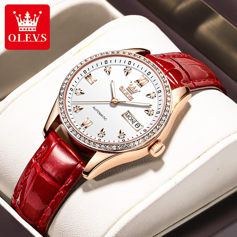 

Брендовые женские часы OLEVS, полностью автоматические механические часы с календарем недели, модный стиль 6637