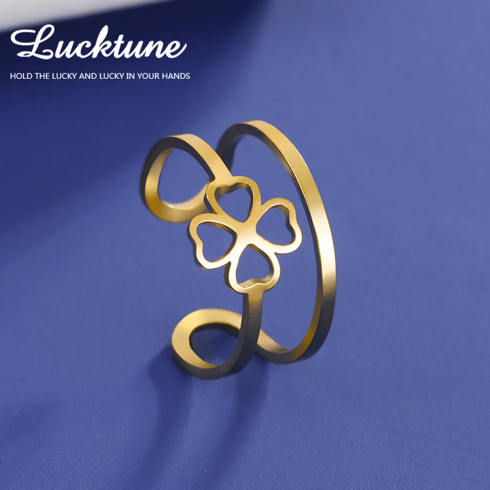 Lucktune Lucky Four Leaf Clover Ring for Women Stainless Steel Multi-layer Adjustable Ring Couple Wedding Kpop Jewelry Wholesale