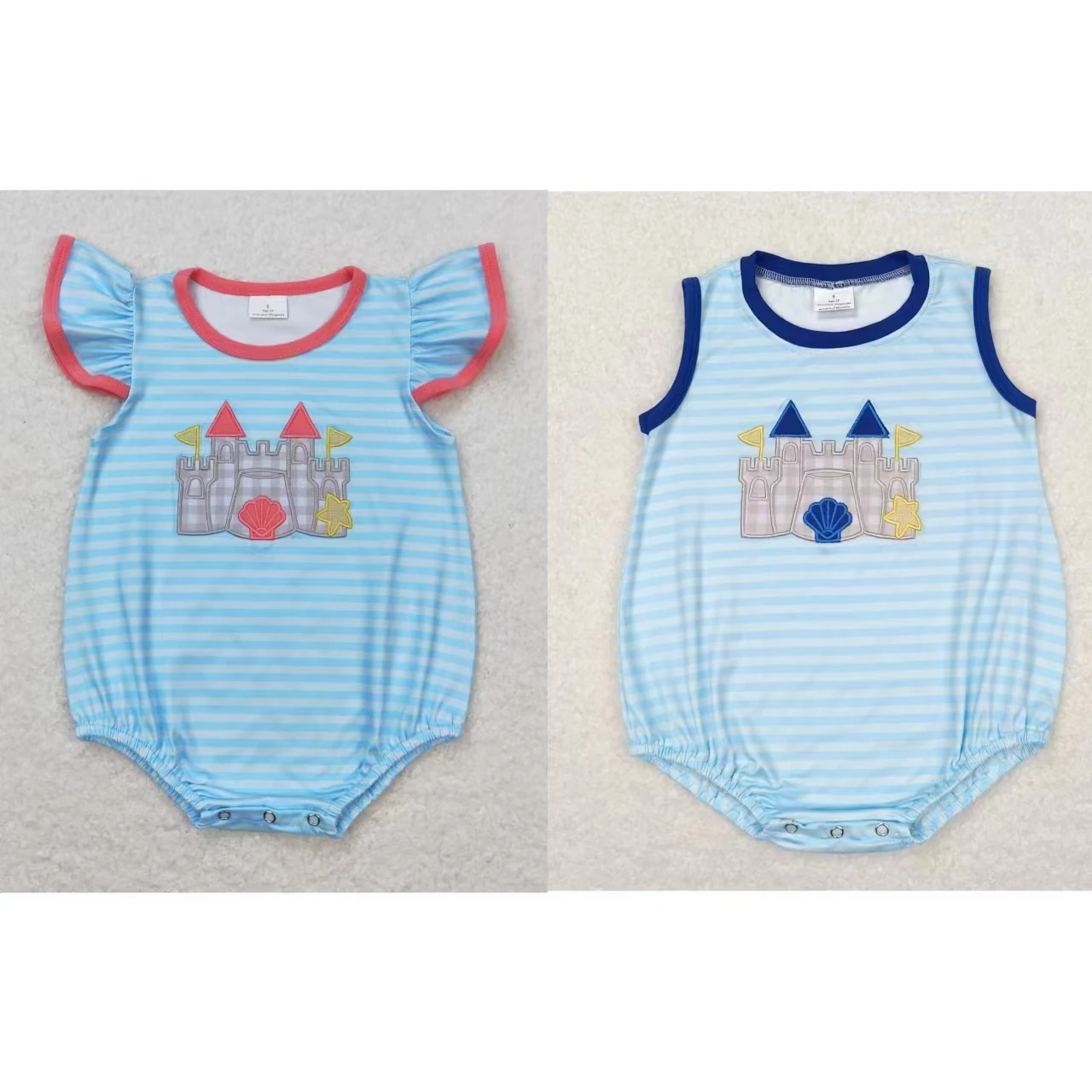 

Wholesale Kids Baby Boy Girl Embroidery Castle Stripes Jumpsuit Newborn Summer Coverall Romper Toddler Bubble Bodysuit One-piece