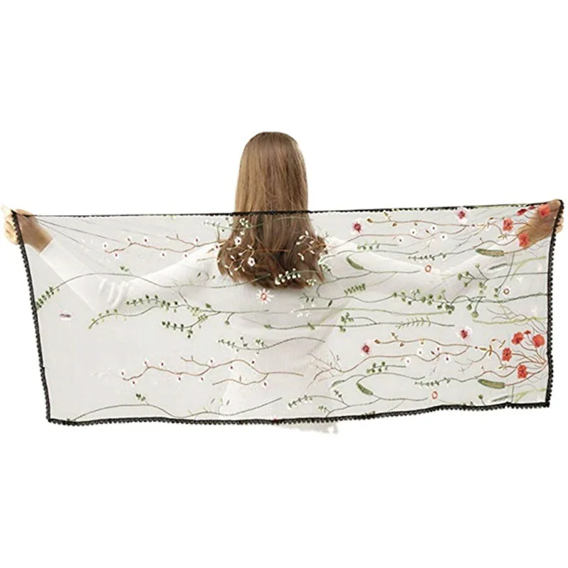 Rectangular Gauze Shawl Lace Decoration Ladies Scarf Cloak Embroidery Flower Veil