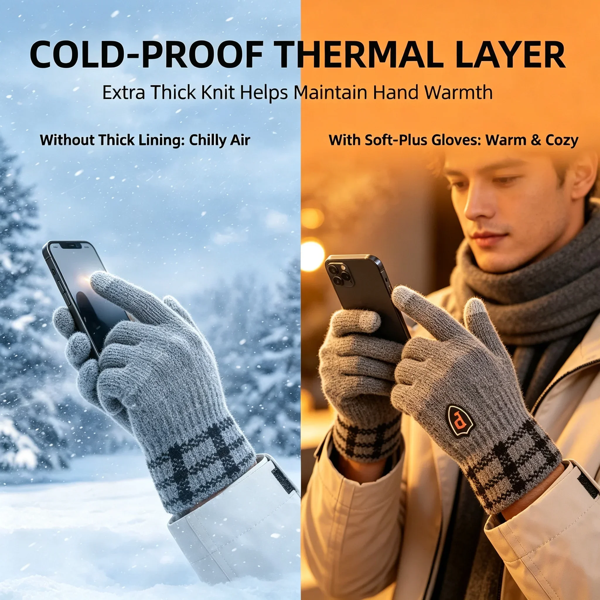 Warm Winter Knit Gloves Men, Windproof Touch Screen Gloves Soft Fashion Gloves for Office Running Commuting Outdoor Sports