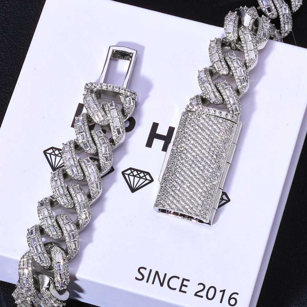 NUOYA 18mm 925 Silver Cuban Chain Iced Out Flip Buckle VVS Moissanite Baguette Mixed Inlay Cuban Necklace Hip Hop Jewelry..