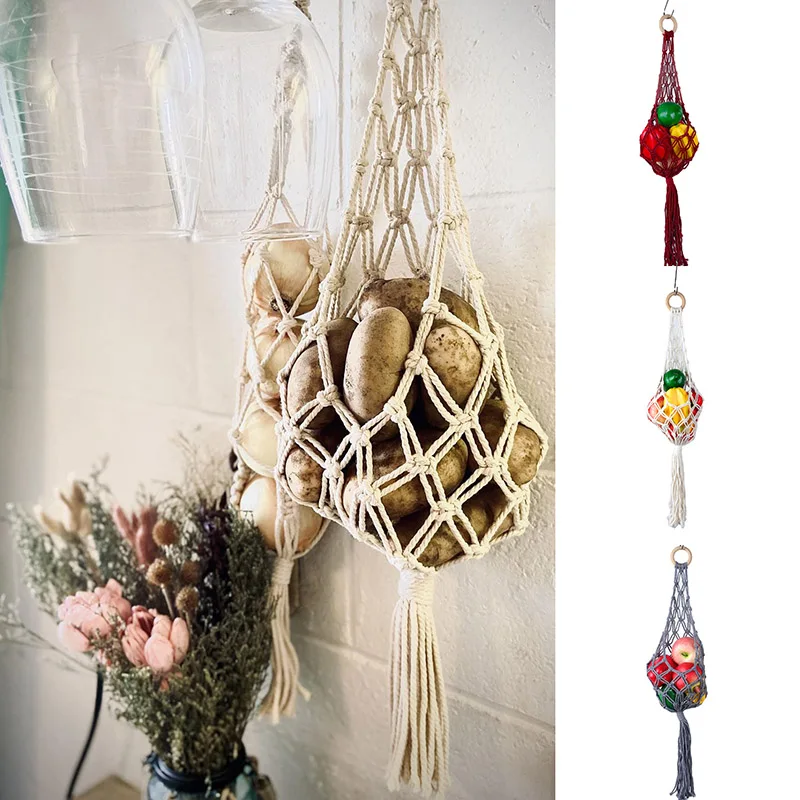 Hanging Basket Macrame Hanging Fruit Basket Handmade Woven Cotton Rope Storage Net Bag for Kitchen Living Room Bathroom FU