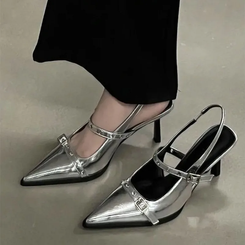 New Women\'s Silver Buckle Slingback High Heels Pointed Summer Thin Heel Leather Shoes for Woman Elegant Party Mary Jane Pumps