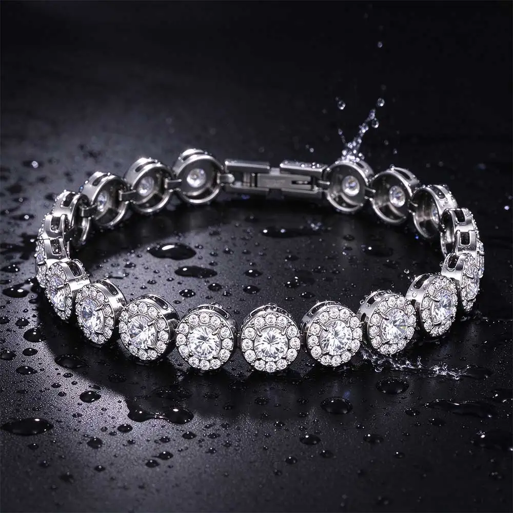 Nuoya Unisex Round Halo Cubic Zircon Tennis Bracelet Stainless Steel Bling Iced Out Chain Bracelet Wedding Party Hip Hop Jewelry