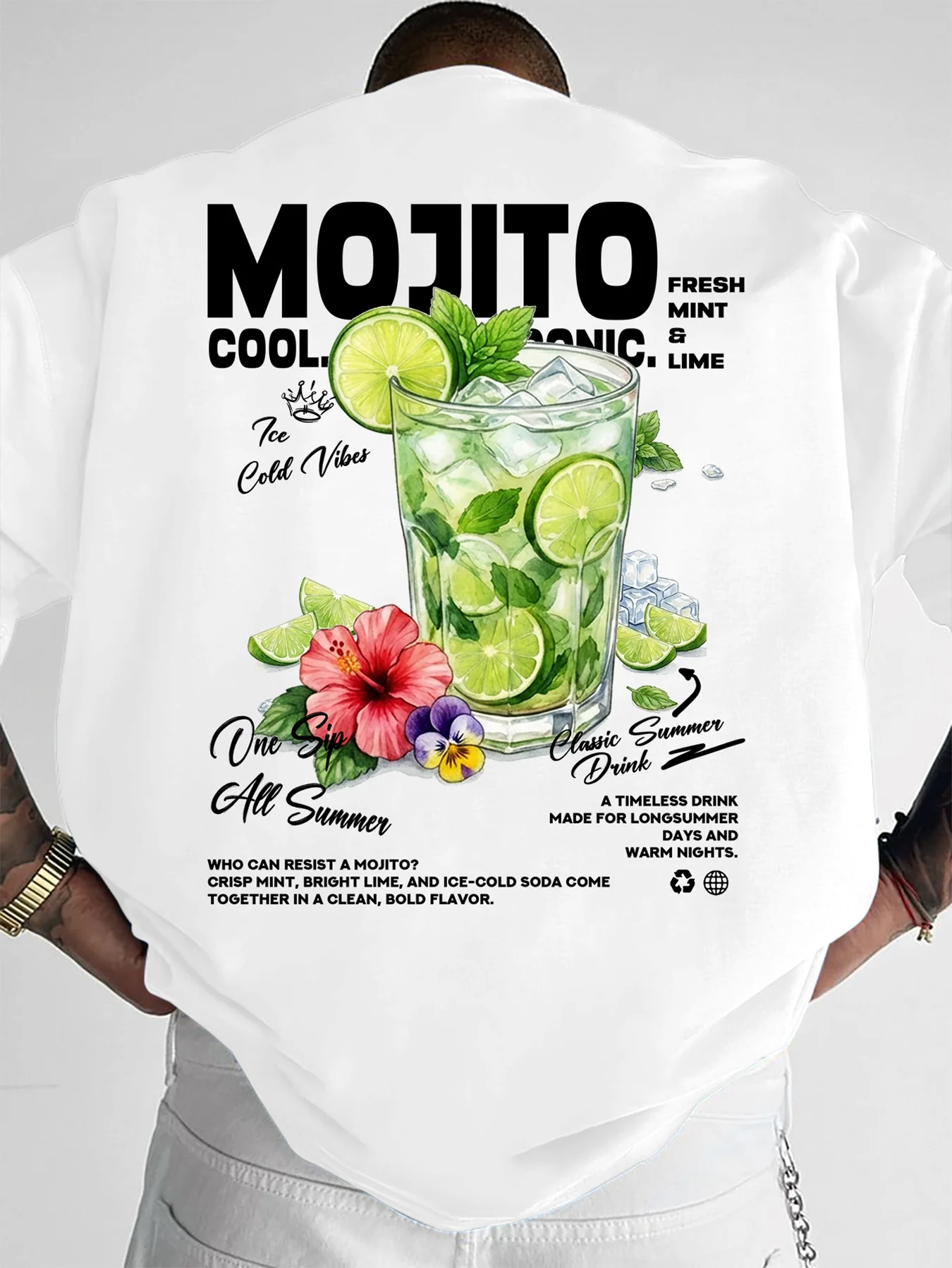 Mojito Theme Pattern Men Summer T-shirt Trendy and Versatile Fashionable Comfortable Suitable for Daily Wear 100% Pure Cotton