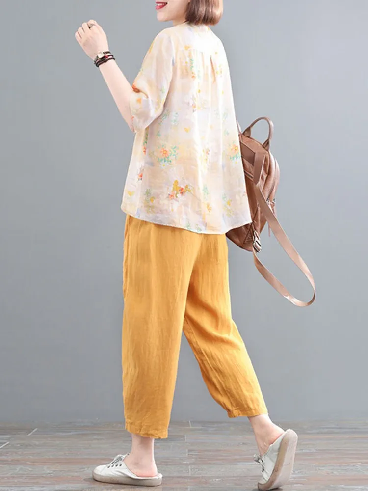 2 Piece Sets Women Cotton Linen Shirts And Pants New 2022 Summer Vintage Style Loose Comfortable Female Casual Suits D211