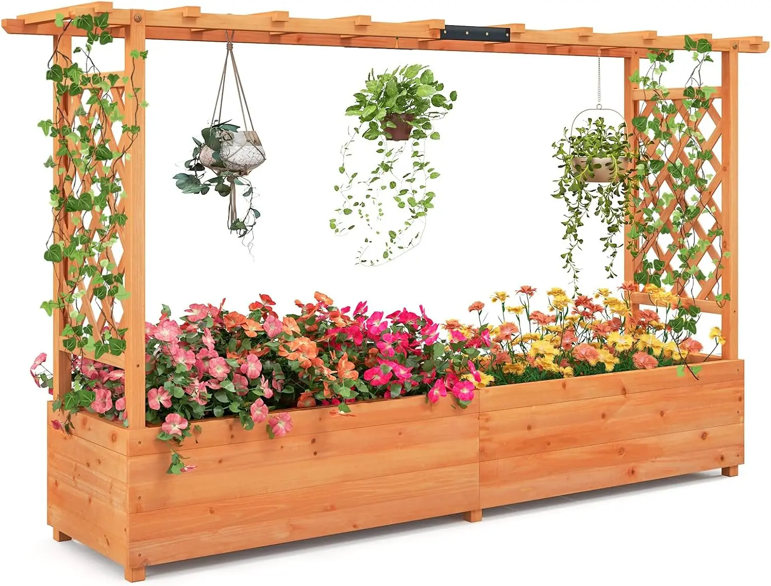 

Raised Garden Bed with Trellis & Hanging Roof, Wood Planter Box with Bottom and Drainage Holes, Freestanding Garden Planter for